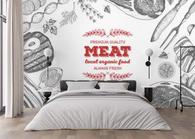 Vintage meat frame. Vector illustration. Linear graphic design. Hand drawn illustration. Meat design template. Wall mural