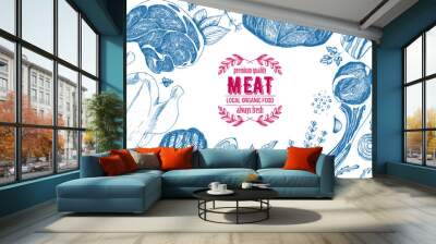 Vintage meat frame. Vector illustration. Linear graphic design. Hand drawn illustration. Meat design template. Wall mural