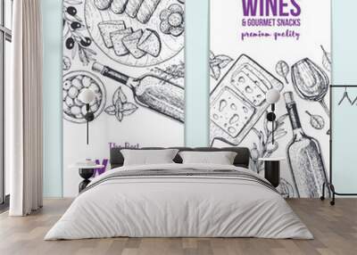 Wines and gourmet snacks banner collection. Gourmet food set vector illustration. Local wines and gourmet snacks shop design template, flyers set. Wall mural