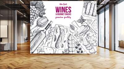 Wines and gourmet snacks frame vector illustration. Cheese, sausages, bread, grape hand drawn. Gourmet food set Wall mural