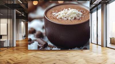 cup of coffee with chocolate and cinnamon in snow during winter time. Hot chocolate in a ceramic cup in snow for coziness and colder months Wall mural