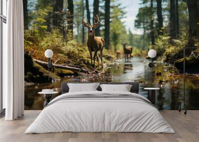 Deers in the forest. Deer in a green forest with a lake. Deer in a lake. Spring time forest with wildlife in it. Deers. Wildlife in the woods Wall mural