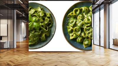 Green pasta on plate top view PNG. Pasta with green organic vegetable sauce flat lay PNG. Green pasta with parmesan cheese isolated Wall mural