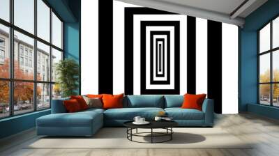 Optical background with striped black and white rectangles. Deep immersion, space tunnel, architectural corridor. Hypnotic texture, op art abstraction. Wall mural