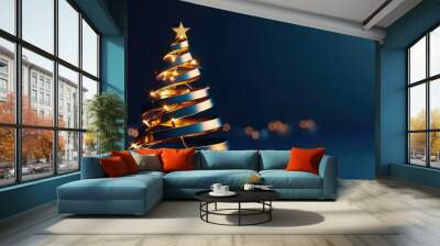 3d Christmas tree with electric lighting decoration on a dark blue background with a bold golden outline. Concept for Xmas Design banner or poster,  greeting card, Christmas web header  Wall mural