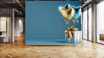 Birthday holiday background design. Happy birthday greeting card with airfield blue and gold love shape balloons with copy space. concept for wish card, birthday celebration, birthday event Wall mural