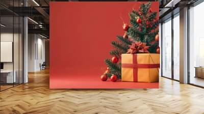 Christmas greeting  card background christmas tree with decoration and gift box, behind view a blur solid color background Wall mural