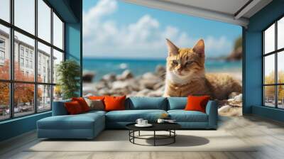 cute cat relaxing at beach Wall mural