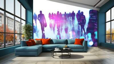 Digital futuristic background with business people silhouettes, glowing hologram and binary code on white background. Concept of global network connection technology  Wall mural