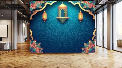 eid mubarak colorful greeting background, blue paper and colorful mandala with ramadam lantarn  Wall mural