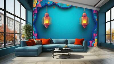 eid mubarak colorful greeting background, blue paper and colorful mandala with ramadam lantarn  Wall mural