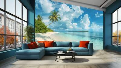 panoramic view of a tropical beach with palm trees and white sand with a blue sky and clouds, a panoramic banner for vacation  Wall mural