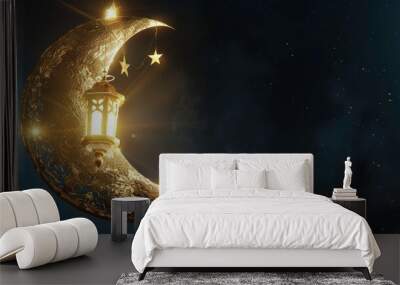 Ramadan mubarak template with crescent gold moon with realistic ramadan lamp or lantern Wall mural