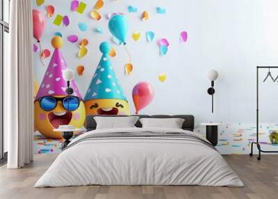 Smile greeting card with party hat and sunglasses emoji face. Happy birthday greeting with 3d smile character copy space for text Wall mural