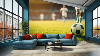 Soccer player dribbles a ball on green grass at a stadium with blurry fans in the background. Concept of sport competition, sportsmen and game action during a match.  Wall mural