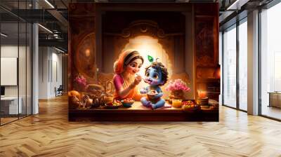 mother Yashoda feeding her beloved child little Krishna, at home in palace, Cute adorable Krishna eating in Vrindavan Wall mural