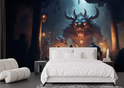 fantasy adventure party in the night faces a monster Wall mural