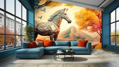 3D mural wallpaper suitable for frame canvas print . horse and golden trees with colored mountains . golden sun and birds with modern background, Generative AI Wall mural