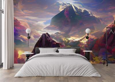 a psychedelic illusion mountain scenery, moody, space, colorful, sun, artstation, digital art Wall mural