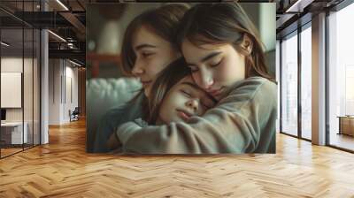 Affectionate loving mother caring and embracing her teenage daughter, expressing family connection and tenderness, comforting girl, sitting on sofa at, Generative AI Wall mural