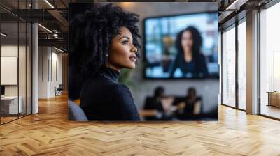 Business meeting, businesswoman and presentation on screen of tv in modern boardroom with colleagues. Workshop, speech and black woman or speaker speaking with coworkers in conference, Generative AI Wall mural