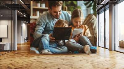 Happy family spending time at home with digital devices together. Technology people fun concept, Generative AI Wall mural