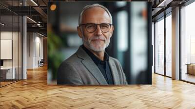 Smiling confident mature businessman looking at camera standing in office. Elegant stylish corporate leader successful ceo executive manager wearing glasses posing for headshot business, Generative AI Wall mural