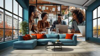 Smiling diverse colleagues gather in boardroom brainstorm discuss financial statistics together, Generative AI Wall mural