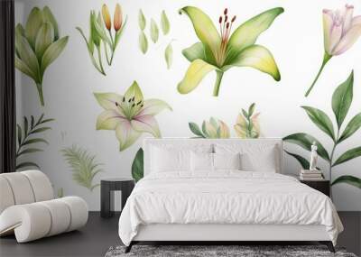 watercolor lily flowers and green leaves. Botanical design elements set, bohemian floral clip art collection, isolated on white background, Generative AI Wall mural