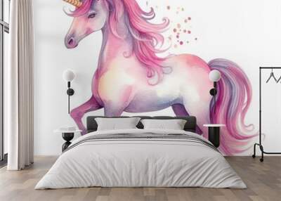 watercolor pink unicorn illustration, fairy tale creature, magical animal clip art, isolated on white background, Generative AI Wall mural