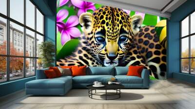 Сute baby Leopard peeking out in hawaii jungle with plumeria flowers. Amazing tropical floral pattern Wall mural