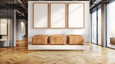 3 blank wooden frame mockups in a minimalist interior design of a modern living room  Wall mural