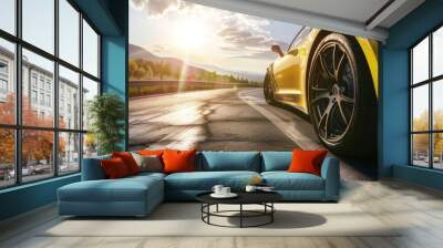 a red sports car is driving on the highway with beautiful natural views Wall mural