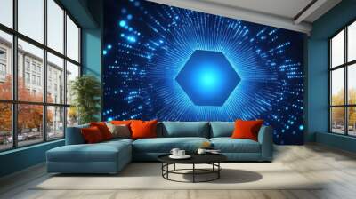 Abstract Blue Hexagon Tunnel with Glowing Lights Wall mural