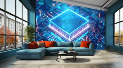 Central Computer Processor on motherboard with futuristic neon light Wall mural