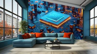 Central Computer Processor on motherboard with futuristic neon light Wall mural