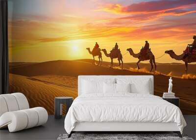 Desert landscape at sunset on a sunny afternoon with camels running Wall mural