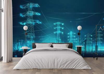 Electric Power Transmission Towers Under a Blue Night Sky Wall mural