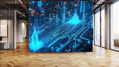 Futuristic Cityscape -  Digital Network Wall mural