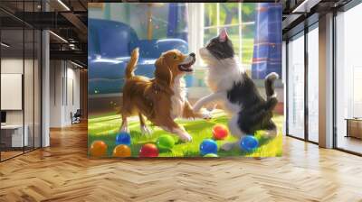 Playful Companions: A Dog and Cat Sharing Joyful Moments Wall mural