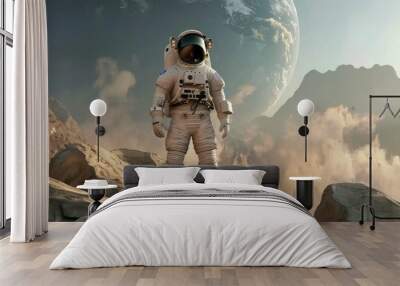 Science concept. Astronaut landing on the moon with a galaxy sky view in the background Wall mural