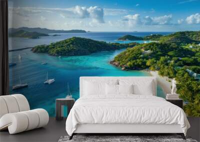 Tropical Island Paradise with Boats, Lush Greenery, and Pristine White Sand Beach Wall mural