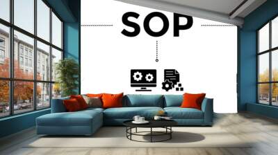 SOP banner icons set for the standard operating procedure. Vector graphic glyph style with icon of instruction, quality, manual, process, operation, sequence, workflow, iteration, and puzzle Wall mural