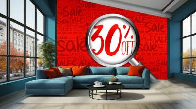 30% OFF sale word cloud with magnifying glass, business concept 3D illustration Wall mural