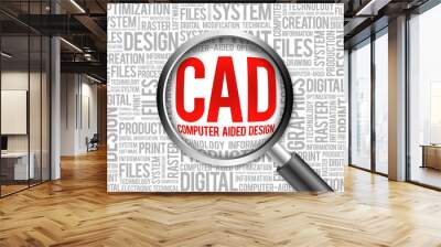 CAD - Computer Aided Design word cloud with magnifying glass, business concept Wall mural