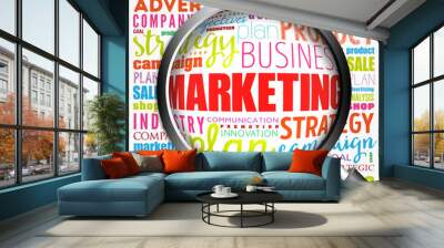 Marketing Strategy and Core Objectives of Product word cloud with magnifying glass, business concept 3D illustration Wall mural