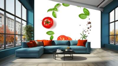 Ripe red tomatoes with basil, rosemary and pepper isolated on white background. Top view. Wall mural