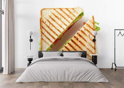 Sandwich with ham, cheese, tomatoes, lettuce, and toasted bread. Top view isolated on white background. Wall mural