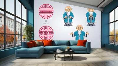 et of vector illustration gray-haired Asian old man in national clothes in different poses. Ancient symbol of longevity and wealth. Wall mural