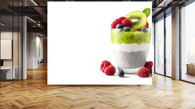 A realistic face view of chia seed pudding with almond milk and a topping of fresh kiwi and berries in a glass, set on a white background Wall mural